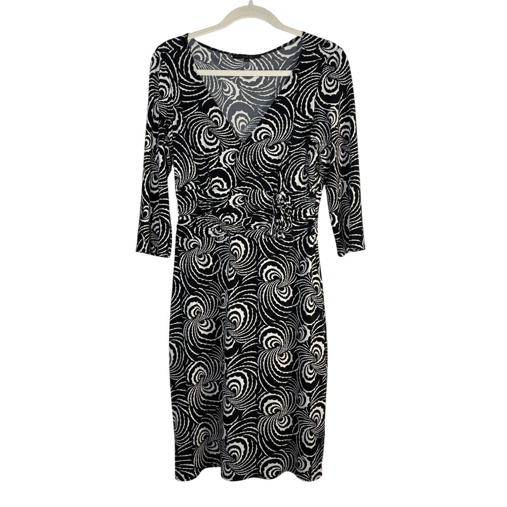 Laundry by Shelli Segal B&W Geometric Swirl V-Neck 3/4 Sleeve Sheath Dress 10